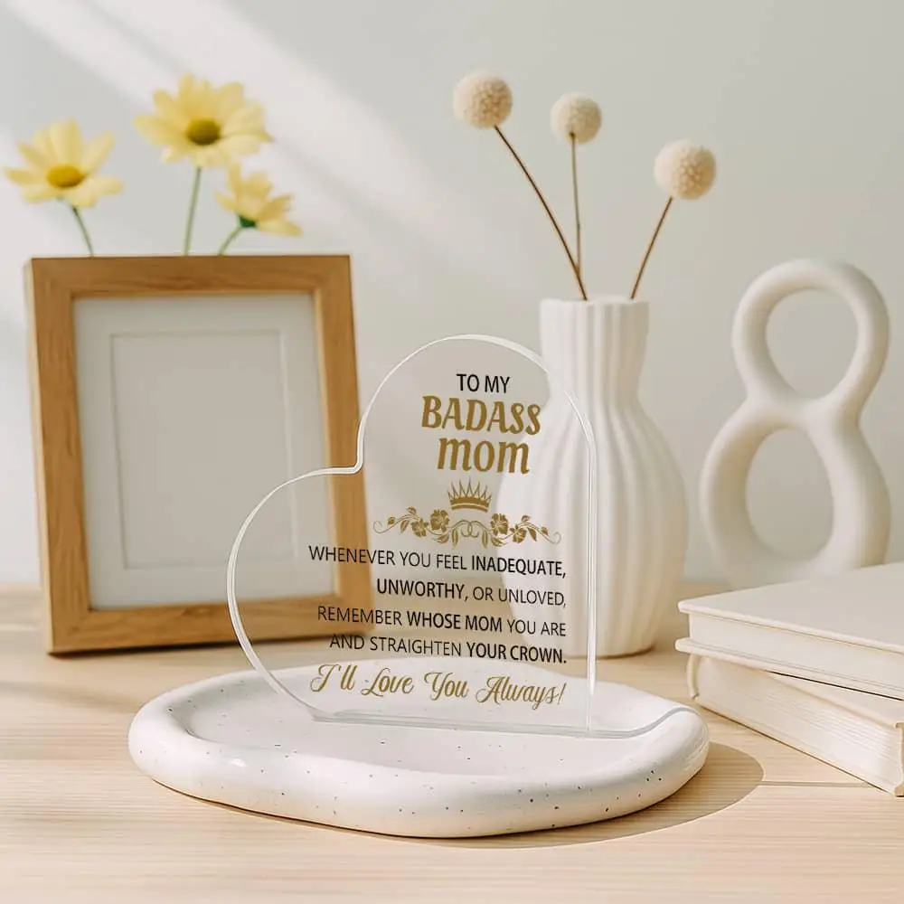 Custom Heart-Shaped Acrylic Keepsake for Mom – Elegant Desk Decor & Gift