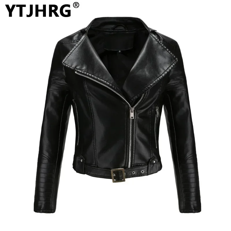 YTJHRG Winter Coats Female Clothing Women's Jackets Turndown Collar Belt Motor Biker PU Faux Leather 2023 Autumn Fashion Zippers
