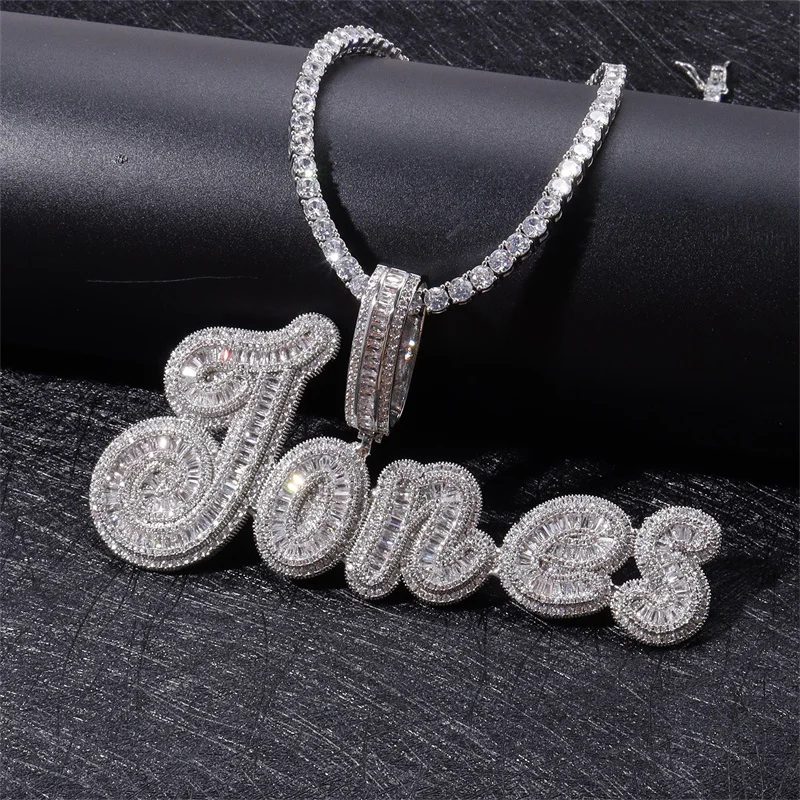 

Custom Name Necklace Baguette Letter Cursive Pendant Iced Out CZ Script Initial Name Tennis Chain Necklace Hiphop Jewelry