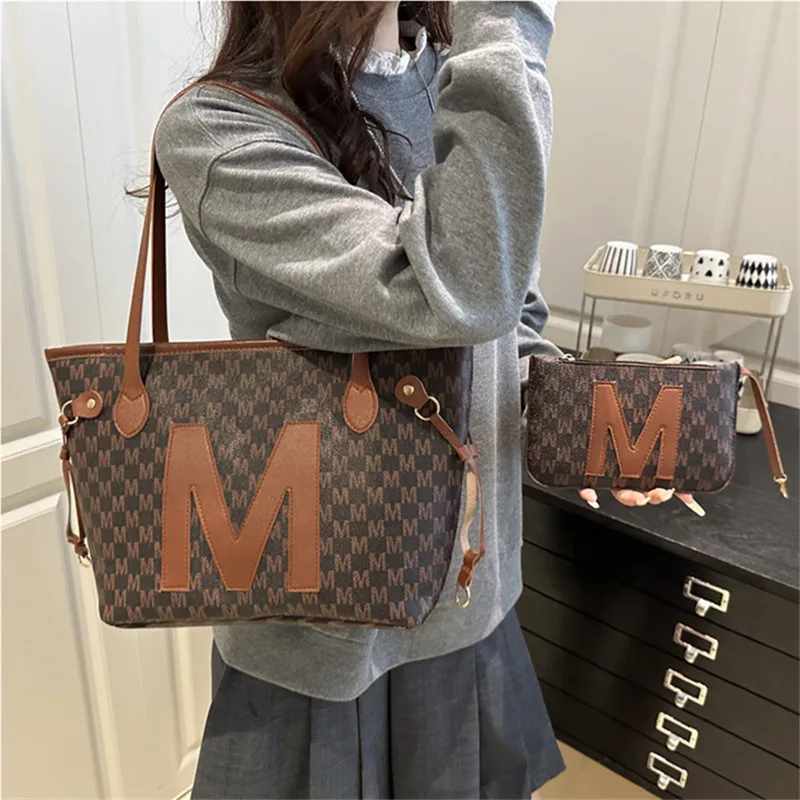 Monogrammed Tote Bag & Mini Bag Set Stylish Purses with Logo Accents Large Capacity Handbags Shoulder Bag for Women's Daily Use