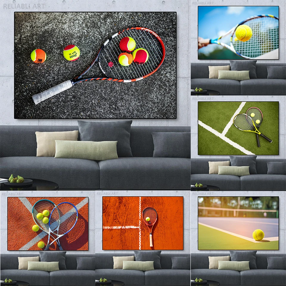 Poster Les balles de tennis avec la raquette sur terre battue – Tableau