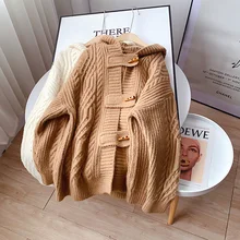 

SONG YI Mid-length Hooded Sweater Women's Cardigan Horn Button 2022 New Autumn and Winter Thickened Knitted Oversized Coat A0298