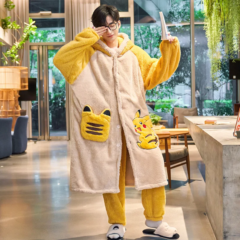 Cartoon Flannel Thickened Fleece Teen Winter Coral Velvet Nightgown Homewear Hoodie Set Cosy Thermal Pajamas Both Men Women Men pyjamas, women pyjamas set