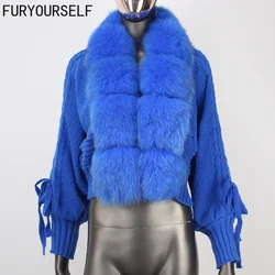 2023 New Fashion Winter Women Casual Real Fox Fur Collar Short Warm Loose Knitted Jacket with Natural Fur Placket Outerwear
