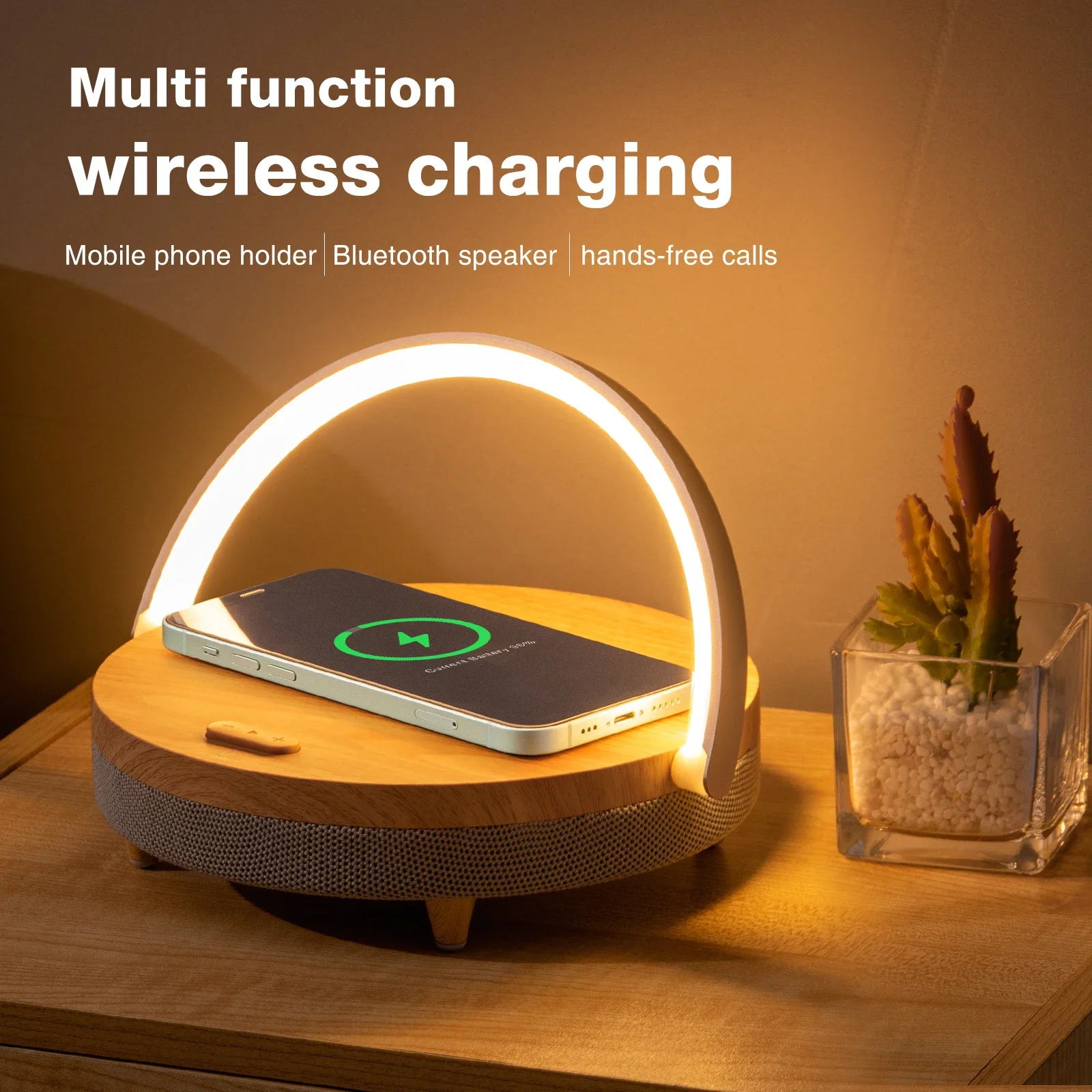 

Wireless Charger Bluetooth Speaker Wood LED Light 15W High Power Fast Charging for IPhone Easy Touch Fast Charging