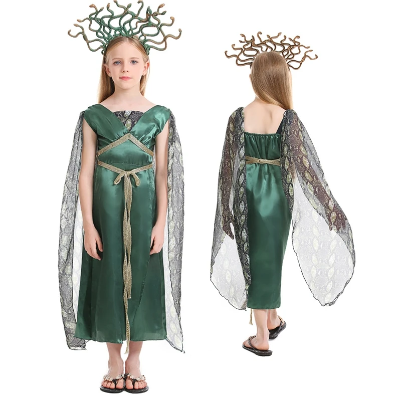 

Gorgon Medusa Costume for Kids Child Greek Myth Snake Hydra Head Band Green Dress Halloween Carnival Party Cosplay