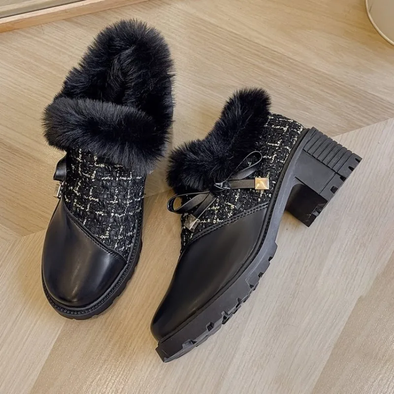 Wool Winter Keep Warm Snow Boots Full Grain Leather Round Toe High Heels Sheep Fur Lace Up Plus Size Ankle Boots