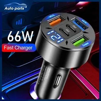 Car Charger 66W 5 Ports Fast Charging PD QC3.0 USB C Car Phone Charger Adapter With Digital Display For iPhone