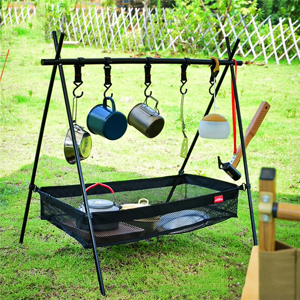 Outdoor Cookware Hanging Rack with Under Net Bag Hanging Organizer