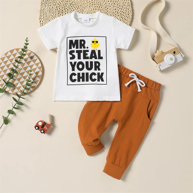 Toddler Baby Boy Easter Outfit Bunny Print Short Sleeve T-Shirt Tops and Jogger Pants Set 2Pcs Summer Outfits