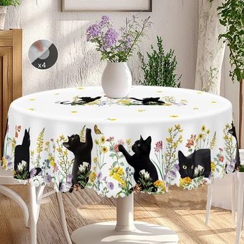 1 Piece of Kitten Themed Printed Tablecloth, Country Farmhouse Style, Black Kitten, Flower Pattern Design, Multiple Sizes Available, Suitable for Spring and Summer, Garden Party during Holiday, Camping Style Decoration, Kitchen Accessories, Restaurant Terrace, Indoor and Outdoor Tablecloth, Perfect Gift for Friends 1