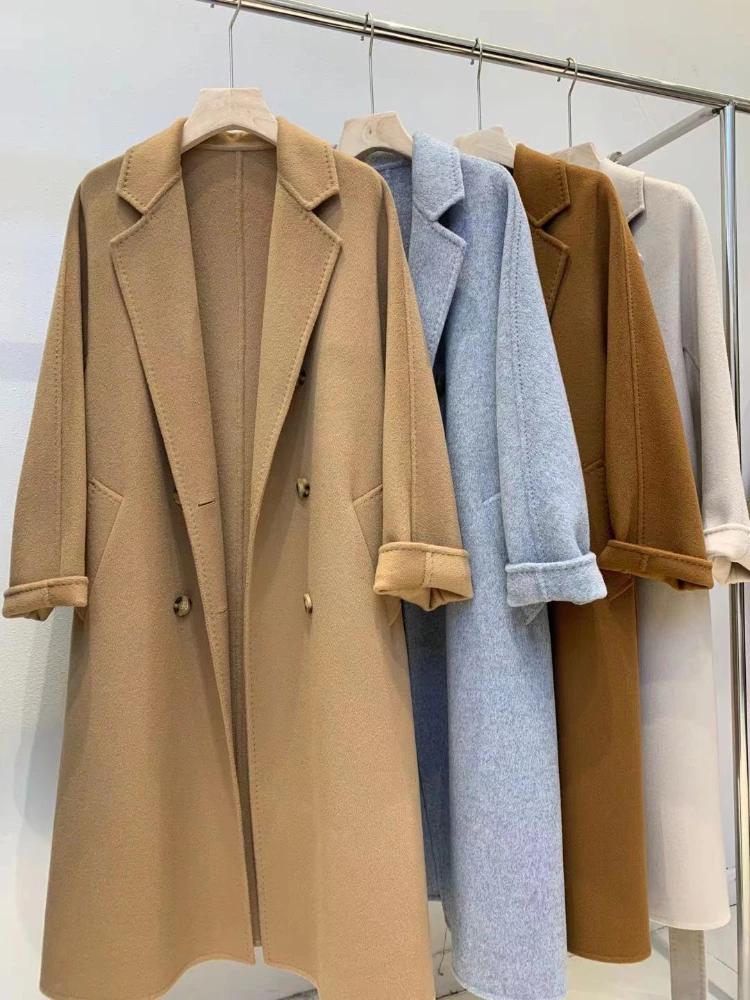 Vintage Handmade Double-sided Cashmere Coat Women Long High-end Wool Warm Jacket Winter Lapel Lace-up Outerwear