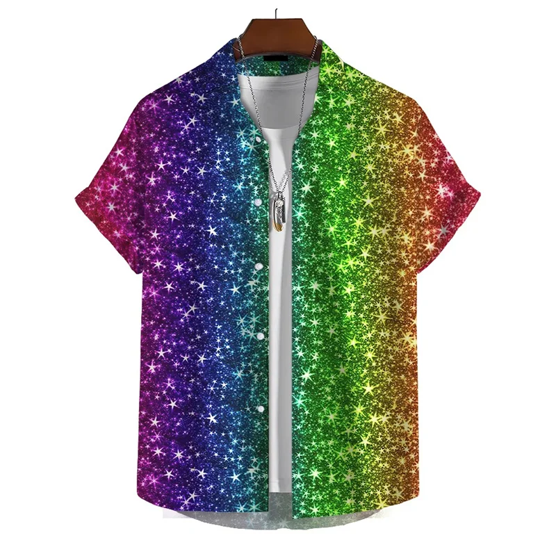 3d Print Rainbow Shirt Men Summer Lapel Short Sleeved Holiday Party Shirts Streetwear Hip Hop Blouse Tops Male Clothing