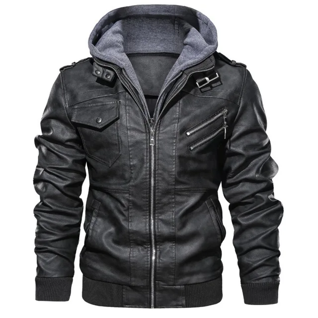 Men Jackets Fake Two Leather Jacket Double Zipper Removable Hooded Biker Leather Coat Male Cardigan Overcoat 4