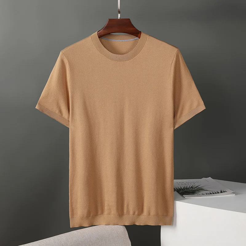 

2023 New Summer Blended Short-Sleeved T-shirt Men's Trendy Fashionable Knitted round Neck Men's Thin T-shirt