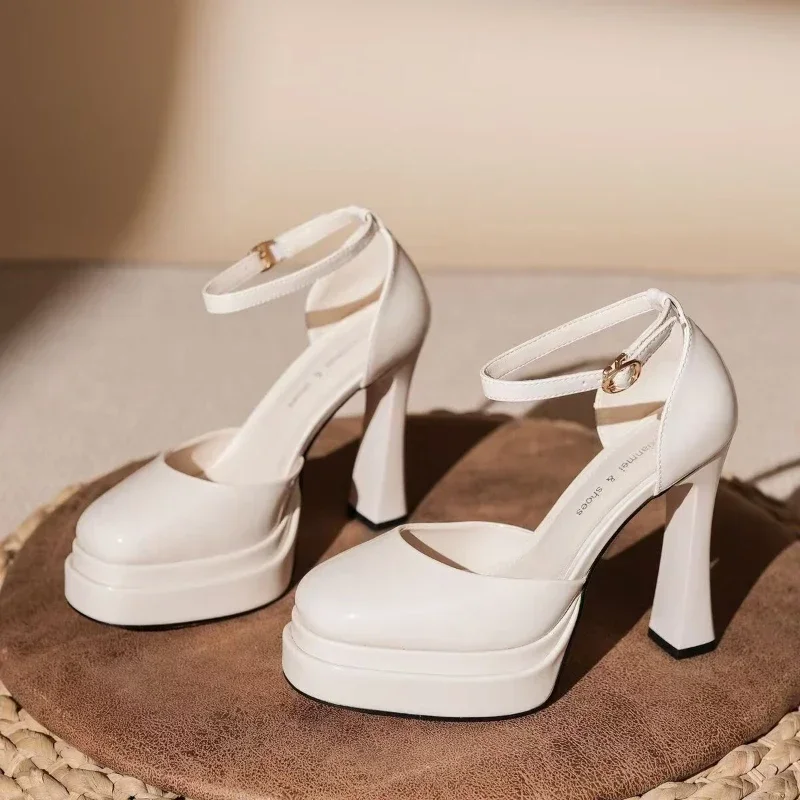 Women's Sexy Super High Heels Pointed Tip Thick Heel Ankle Strap Platform Heels Side Cutout Wedding Banquet Sandalias De Mujer 6