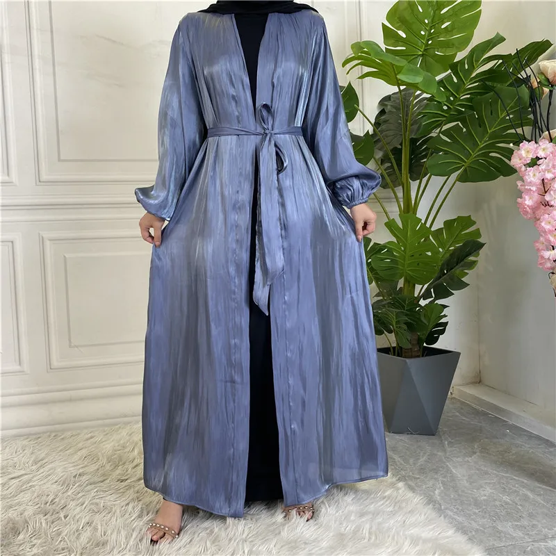 Summer Open Abaya Kimono Silk Satin Abayas for Women Dubai Puff Sleeve Turkey Muslim Long Hijab Dress Islam Modest Outfit Kaftan