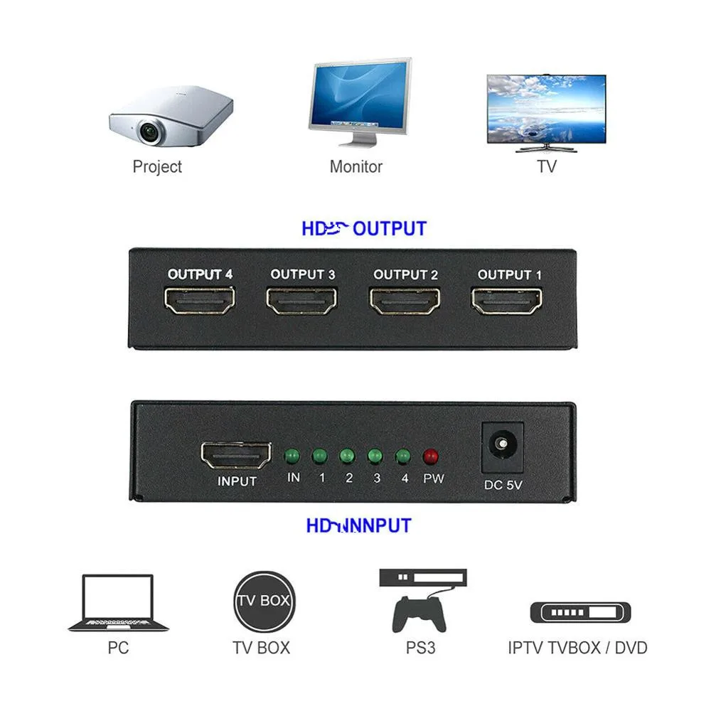 3D 1080P HDMI-compatible Splitter 1 in 4 out Power Signal Amplifier Audio Spliter Switch HD Converter Adapter