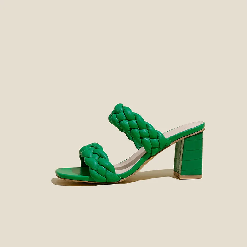 New Arrive Fashion Solid PU Weaving Square Open Toe High Heel Women Mules Rome Sandals Ankle Slip-On Summer Slippers Women