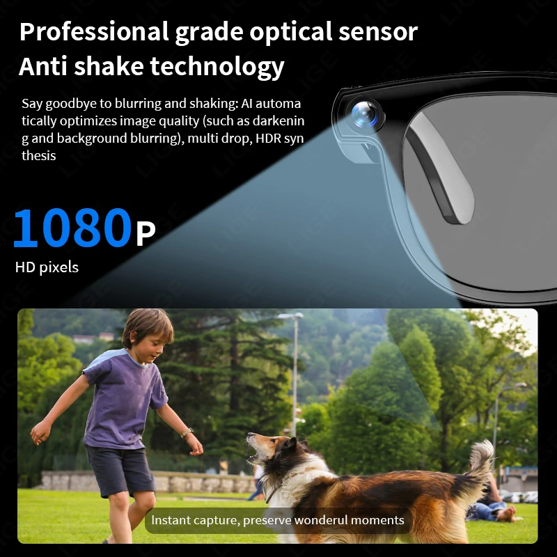 LIGE New AI Glasses 800W Camera Glasses Smart Sunglasses Video Recording BT Call Music Playing Voice Assistant Bluetooth Glasses