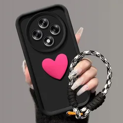 3D Love Heart Silicone Phone Case with Lanyard for Redmi 14C (Black A)