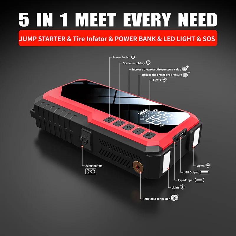 Високопродуктивний автомобільний пусковий пристрій з насосом для накачування шин, 5000A, літієва батарея, для автомобілів, мотоциклів, вантажівок