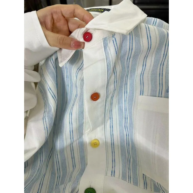 Summer Unisex Shirt Minimalist Color Contrast Lapel Embroidery Blue Stripe Loose Casual