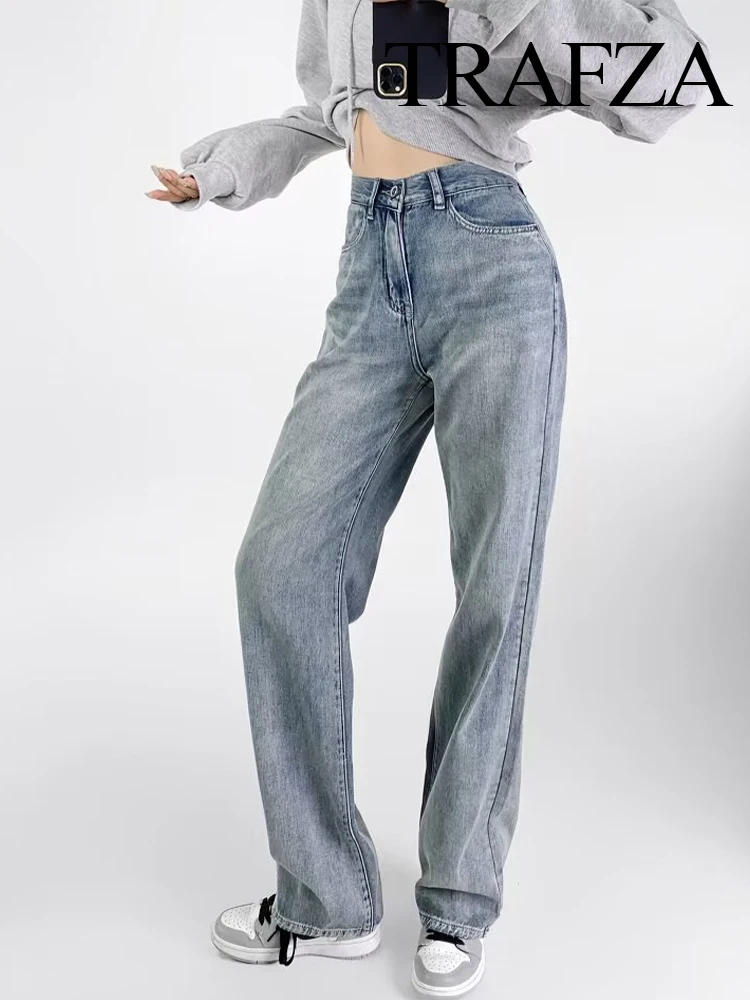 

TRAFZA Female Fashion And Chic Long Pants Solid Color Mid-Waist Pocket Buttons Zipper Woman Autumn Casual Straight Trousers