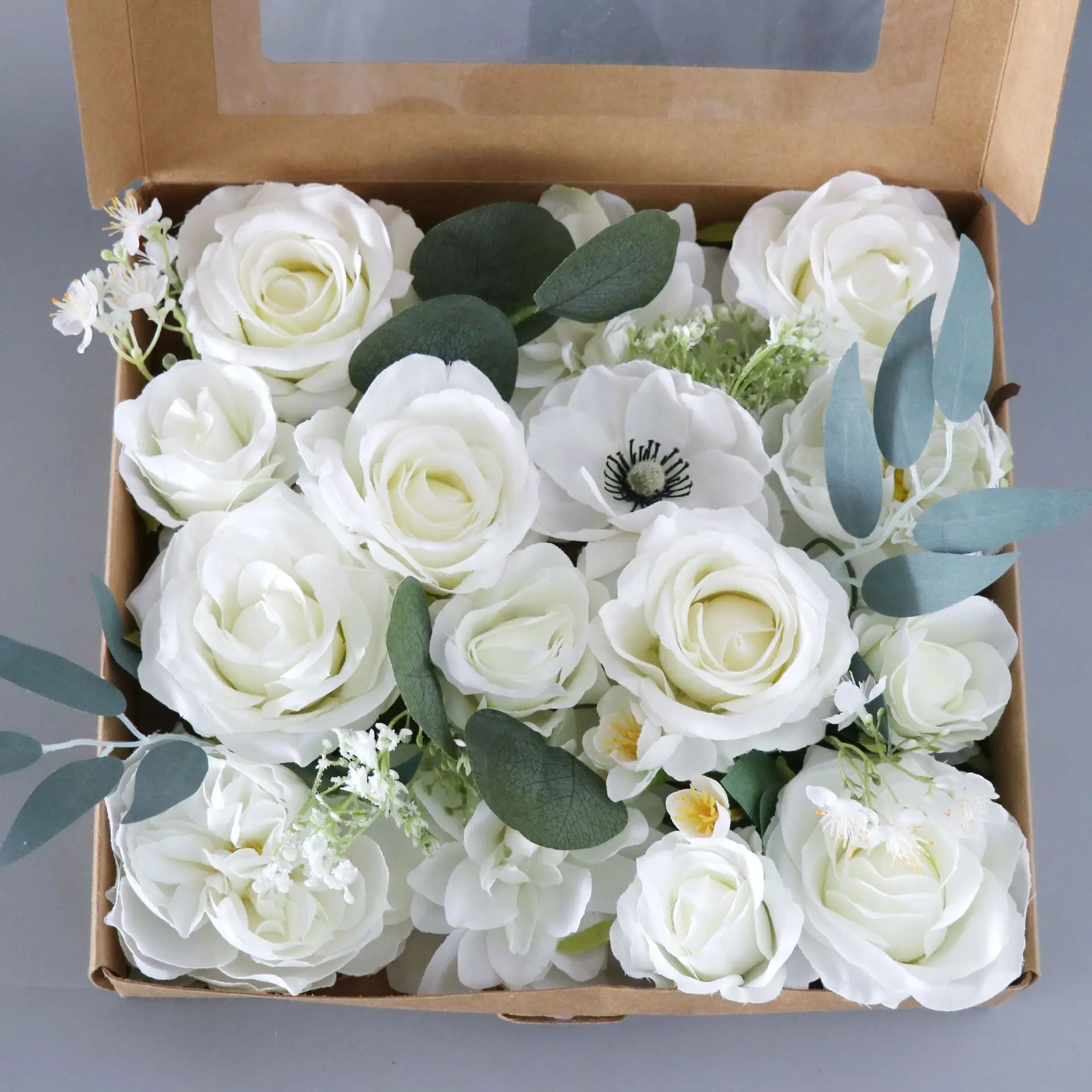 

Wedding Bride Bouquet Fake Flowers Combo Box Set for Decor White Silk Artificial Flowers DIY Party Baby Shower Centerpieces Vase