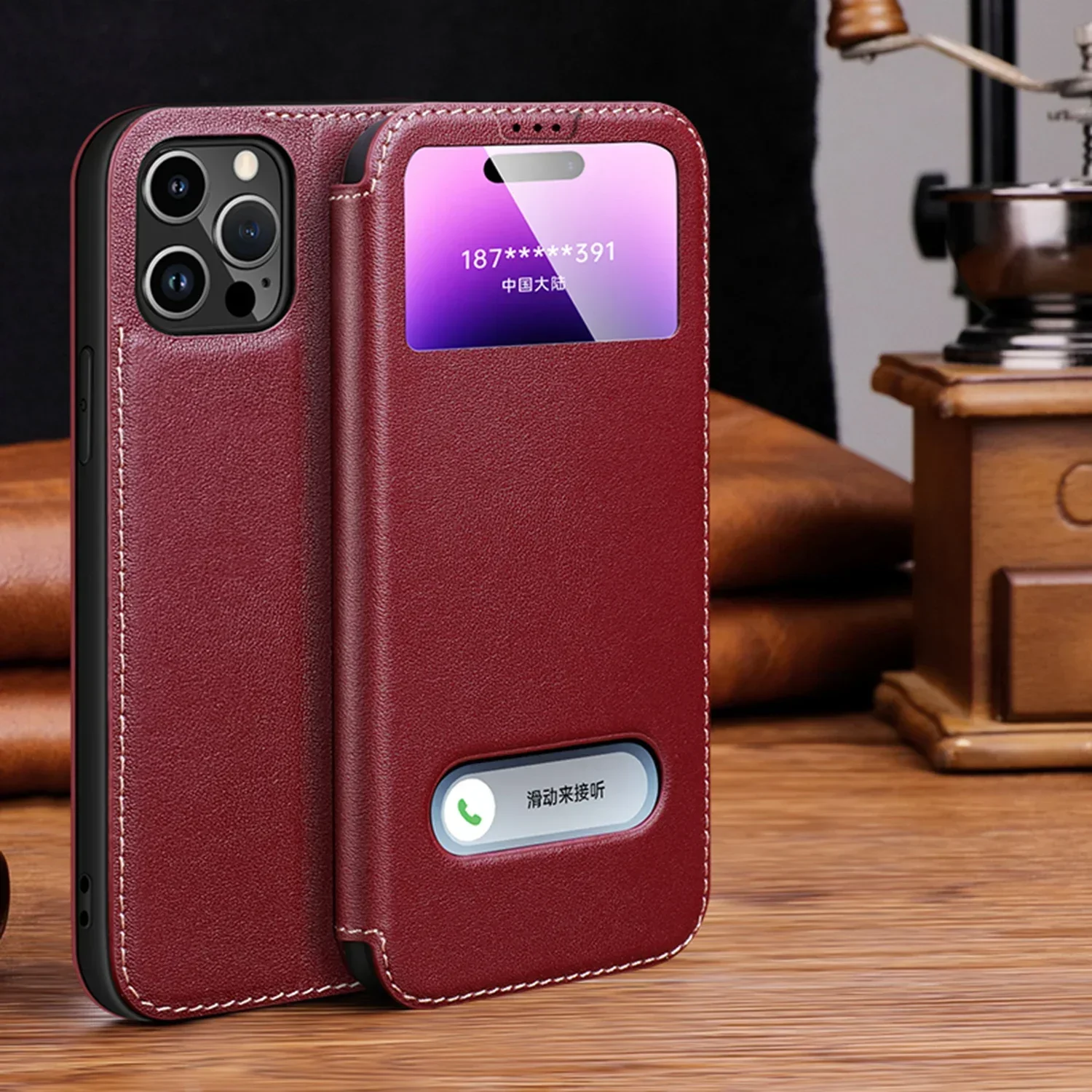 Premium Genuine Leather Magnetic Flip Phone Case with Clear View Window