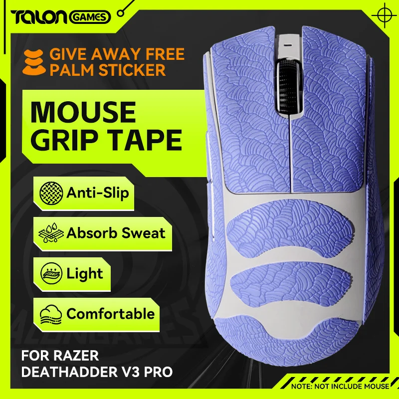 Blue TALONGAMES Mouse Grip Tape For Razer DeathAdder V3 Pro Mouse,Palm Sweat Absorption,Wave Pattern Anti-Slip Tape 2pcs pack hotline games mouse anti slip grip tape for diy version sweat resistant pads mouse side mouse anti slip stickers