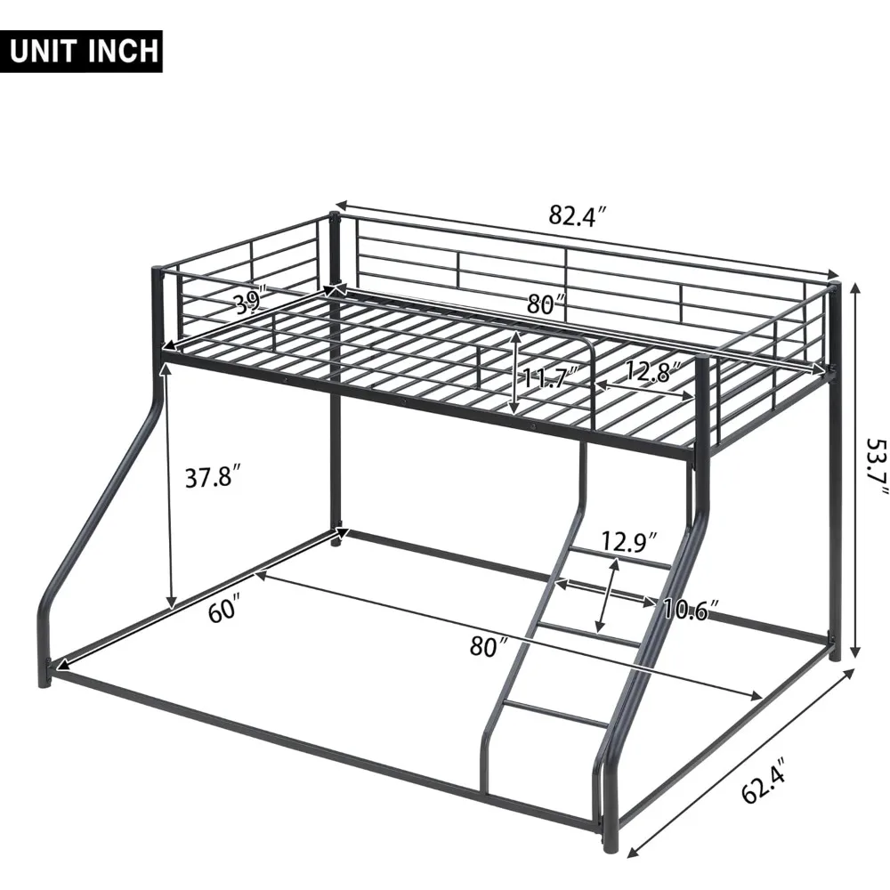 Metal Floor Bunk Bed, Twin XL Over Queen, Guardrail and Ladder, Space-Saving Design, Metal Bed for Kids&Teens 2