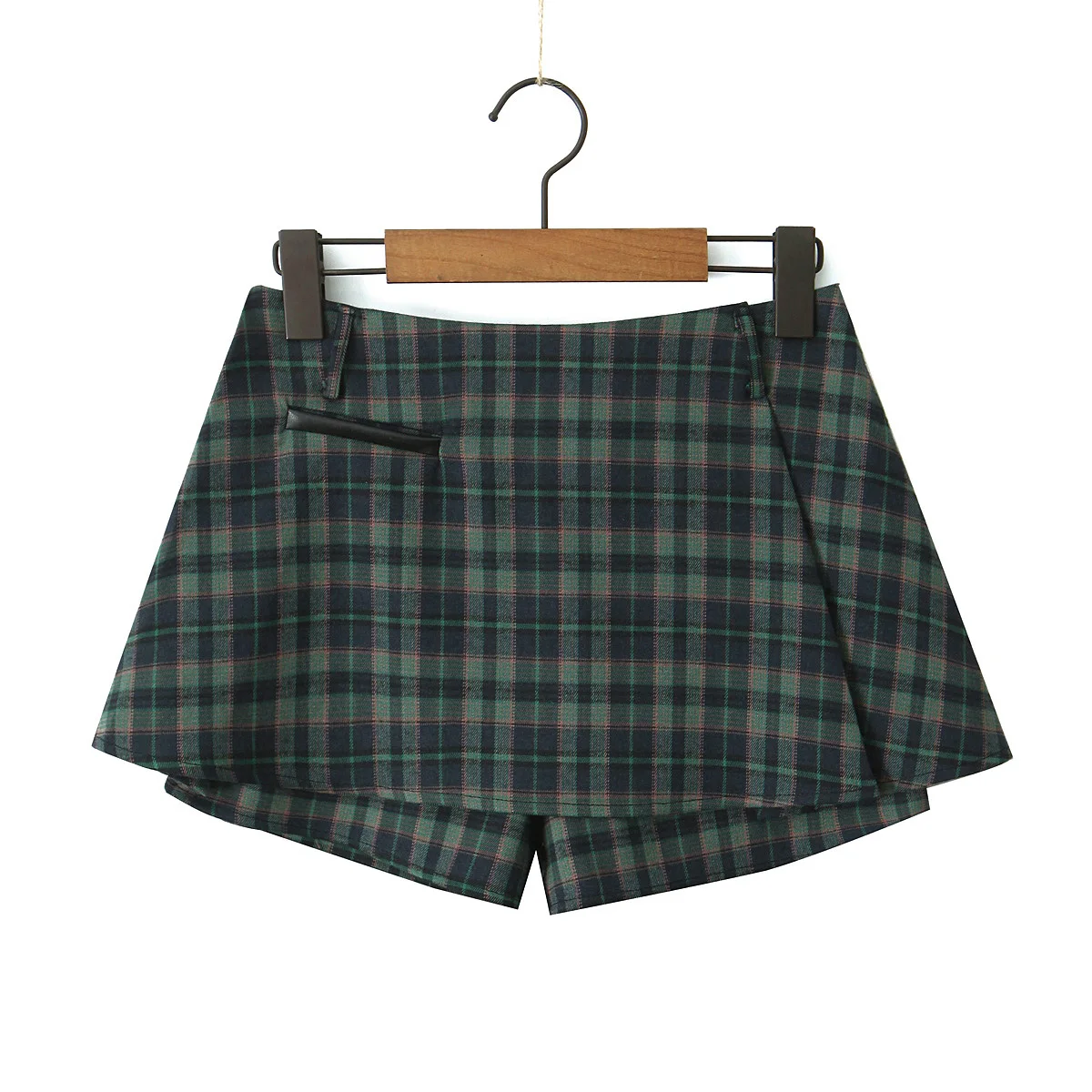 2024 Women Fashion Dark Green Plaid Ruched Pleated Mini