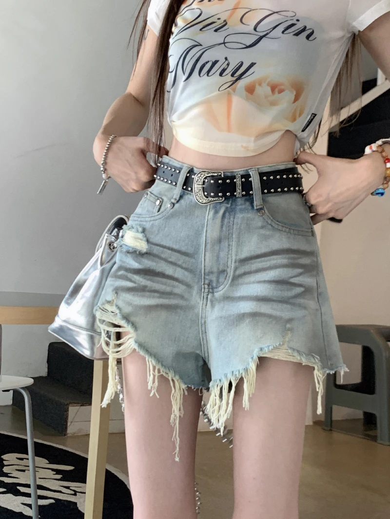 

Slergiri Y2k Retro Raw Hem Ripped Jeans Shorts Women Summer High Waist Do old Streetwear Washed Denim Shorts Without Belt