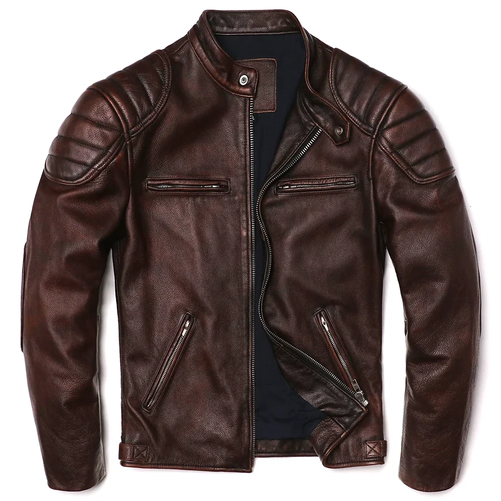 Genuine Leather Motorcycle Jacket - Vintage Brown Cowhide Biker Coat for Men