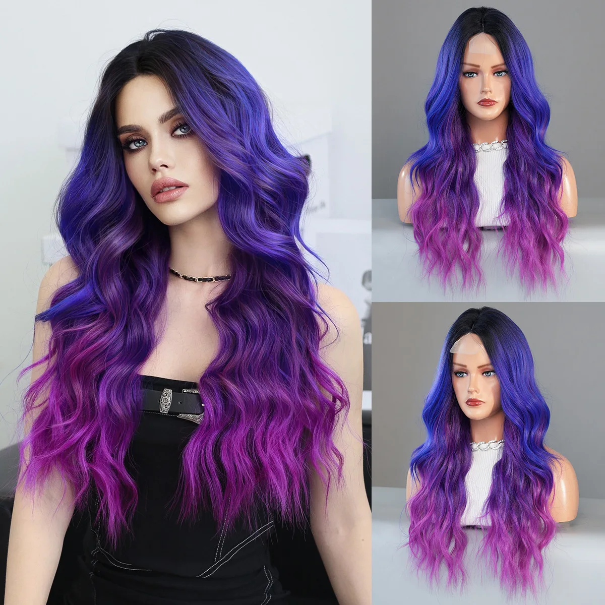 

Small Lace Dream Purple Blue Gradient Split Wave Curly Hair Chemical Fiber Full Head Set