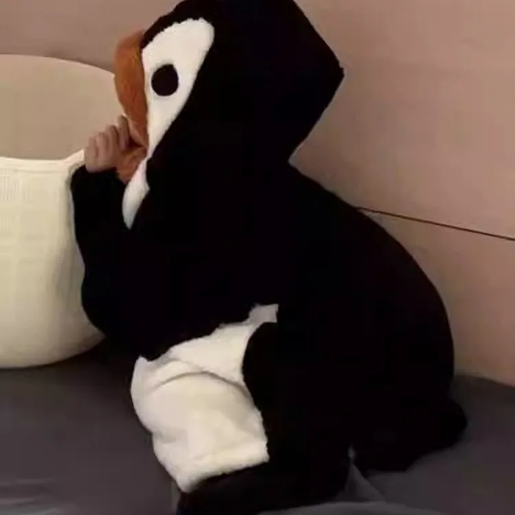 Thicken Flannel Hooded Long Robe Sleepwear Funny Cartoon Penguin Cosplay Costume Homewear Autumn Winter Coral Fleece Nightgown