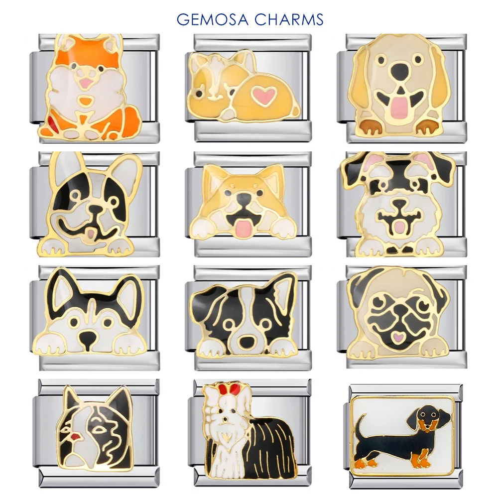 GEMOSA Italienischer Charm Cartoon Niedlicher Kawaii Hund Corgi Mops Labrador Link Fit 9mm Edelstahl Armband Herstellung DIY Perlen Schmuck