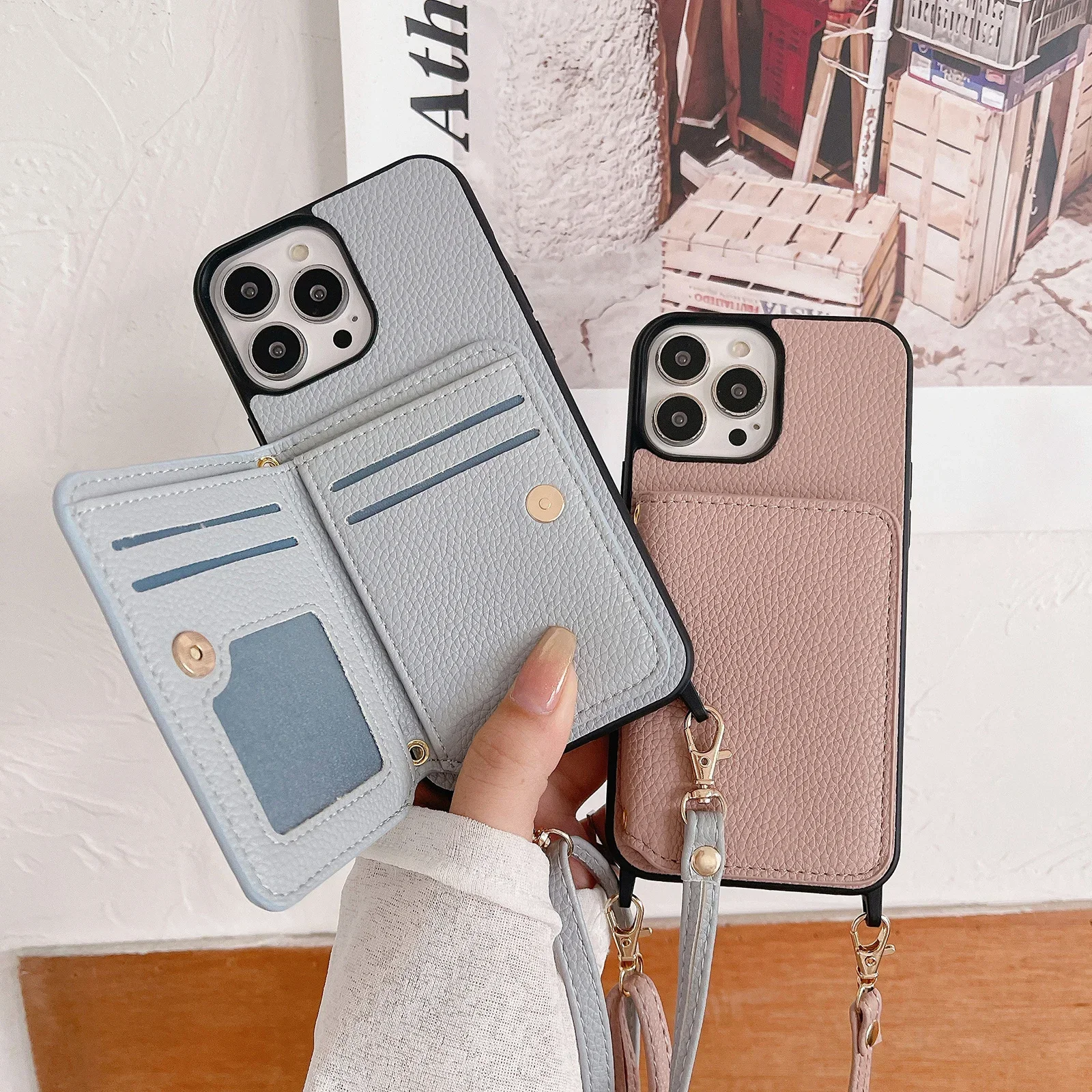 Elegant Crossbody Leather Wallet with Lanyard and Card Slots - Lichee Pattern Cover
