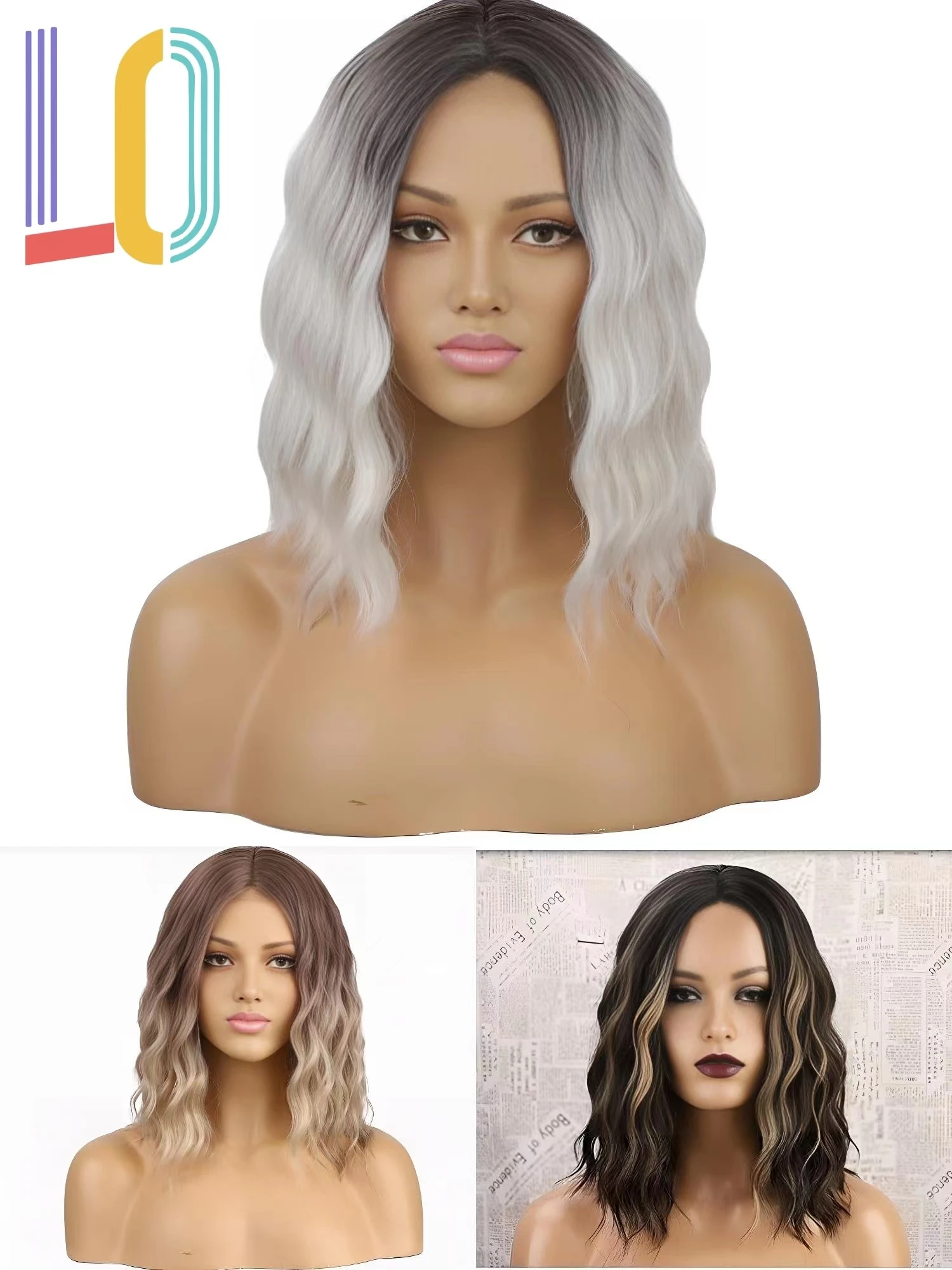 LO synthetic wig front lace short curly wig 15 inch short hair blonde wig mixed light grey brown daily wear party wigs for women