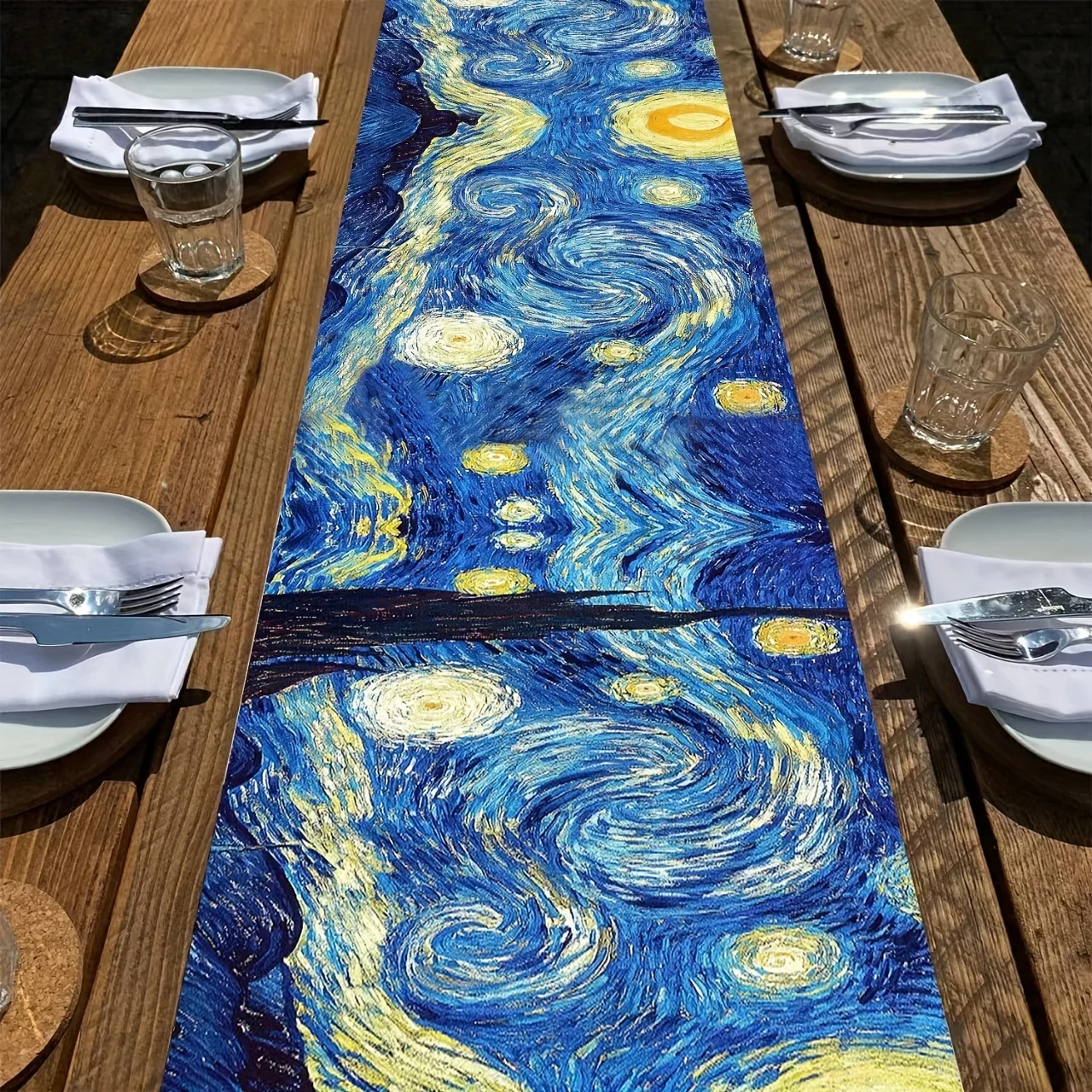 Van Gogh Starry Night Inspired Linen Table Runner Art Design For Dining Kitchen Decor Rectangular Farmhouse Sky And Moon Motif
