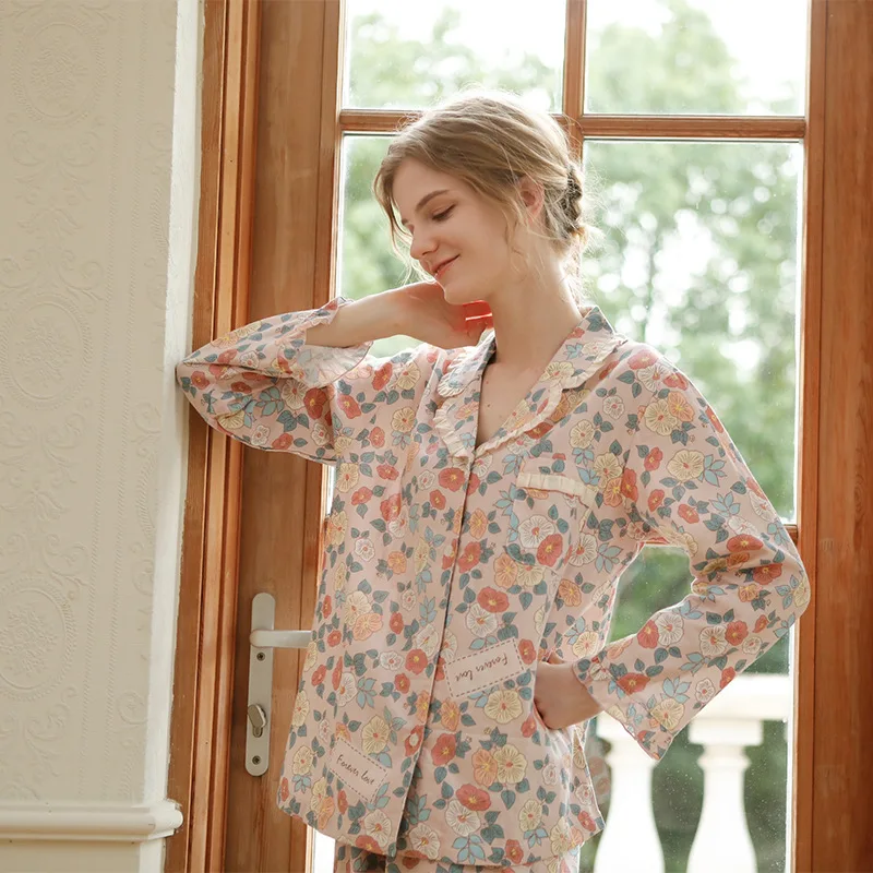 Pijama Manga Larga Mujer Estampado Floral Con Botones: Conjunto Suave Poliéster Para Casa Y Dormir