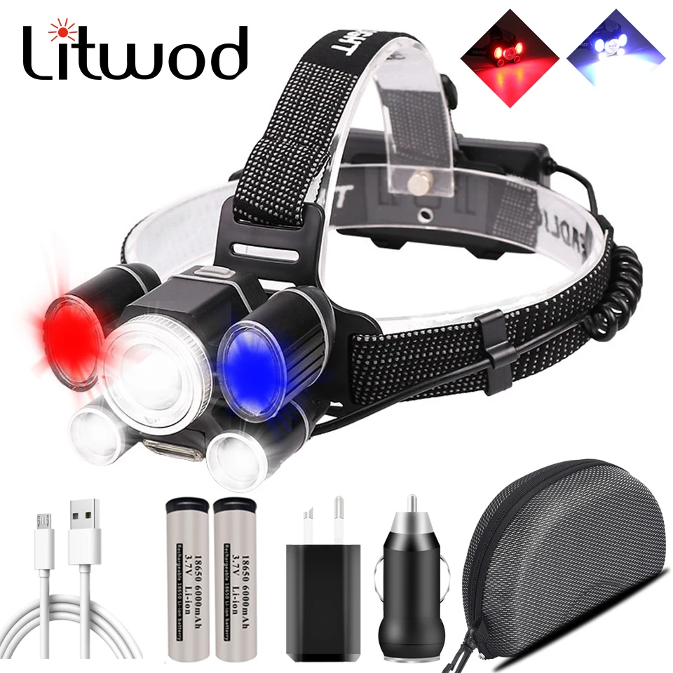

Led Headlamp Super Bright Bike Light XHP50 Powerful Head Flashlight Zoomable Headlight 18650 Battery Red Blue&Ｗhite Hiking Lamp