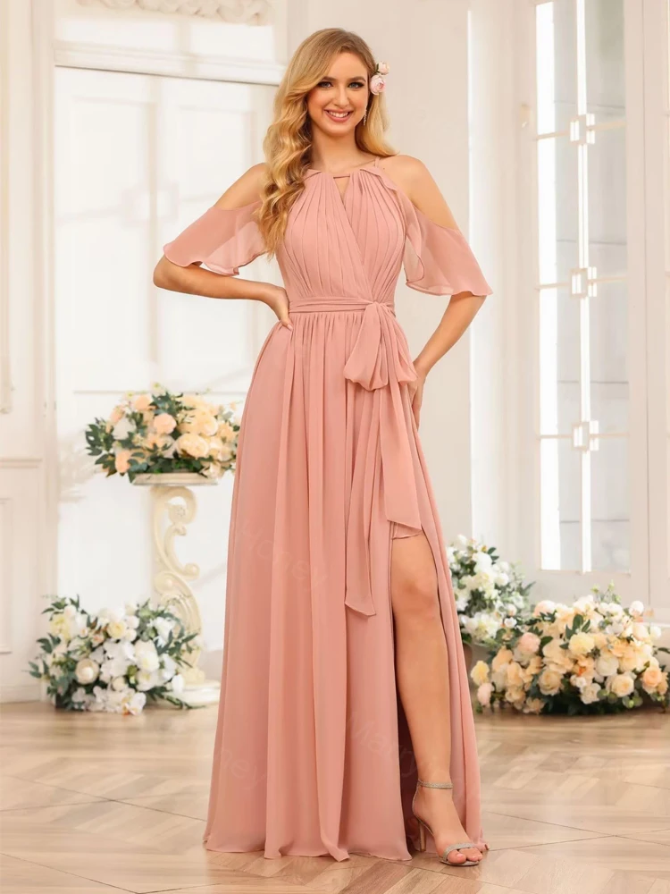 

Halter Bridesmaid Dresses with High Slit Flowy Chiffon Long Formal Evening Dresses with Pockets A Line Prom Dress MH910