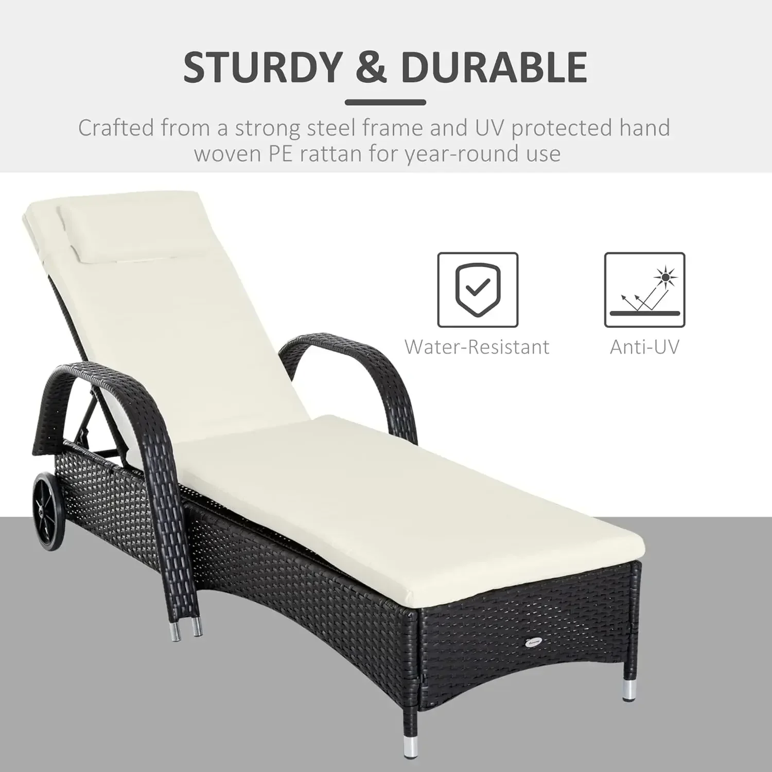 --NewWicker Outdoor Chaise Lounge,5-Level Adjustable Backrest PE Rattan Pool Lounge Chair with Wheels, Cushion & Headrest,Cre