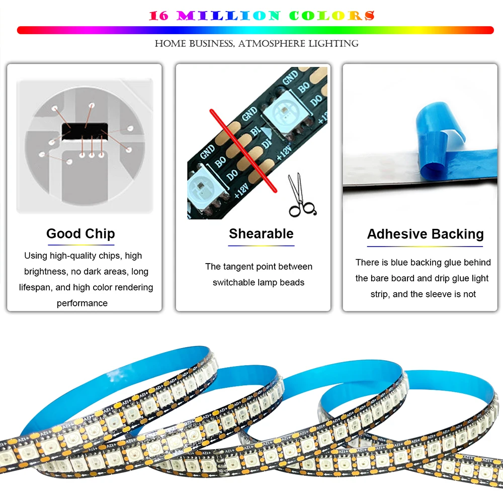 WS2815 Led Strip Lights DC12V Dual Signal RGBIC Flexible Individually Addressable Smart Pixels Magic Tape Light