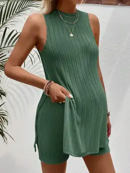 Maternity Solid Color Round Neck Sleeveless Ribbed Split Two Piece Set Green Casual Summer Outfit