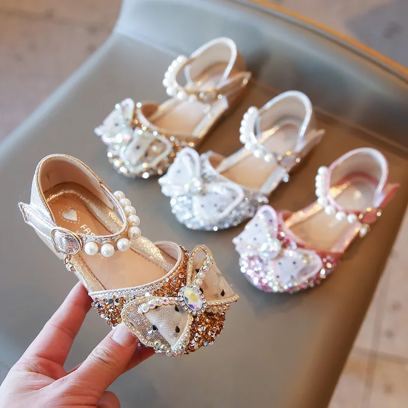 

New Kids Pearl Sandals Rhinestone Bowkont Girls Princess Party Dance Shoes Baby Student Flats Performance Children Leather Shoes