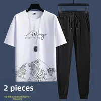 2024 Summer New Fashion Ice Silk Gradient Men's Short Sleeve T-shirt Casual Trousers Sport 2-piece Set Cool Men