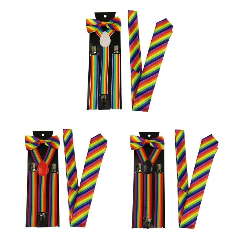 

50JB 3pcs Striped Necktie+Clip on Suspenders+Bow Tie Set for Girl School Masquerades Party Necktie Versatility Uniform Tool